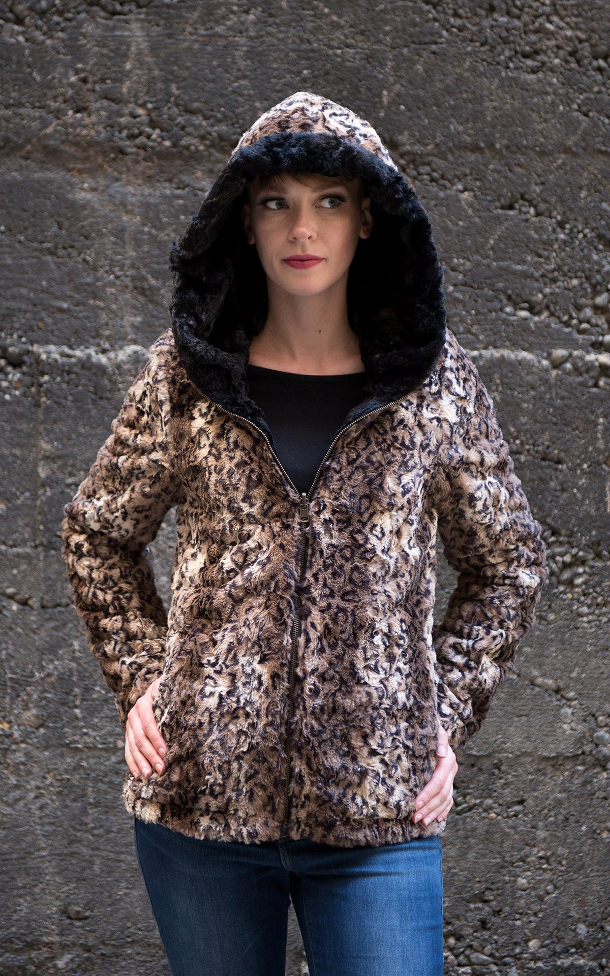 loren Hooded Coat - Reversible in Carpathian faxu fur handmade in Seattle WA USA