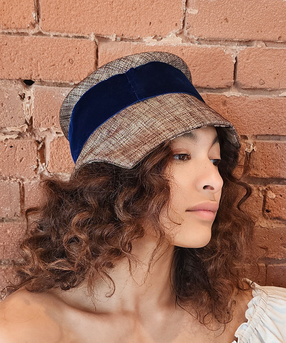 Abigail Hat | Liam Upholstery with Navy Velvet Band | Pandemonium Millinery Handmade USA