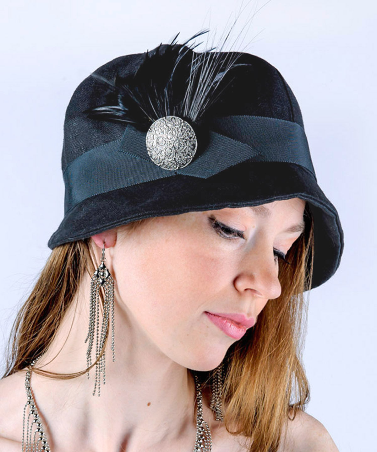 Side view of Model wearing Grace Cloche 1920s Style Hat Linen in Black with Black and Gold Kimono Flower Brooch | Seattle WA USA
