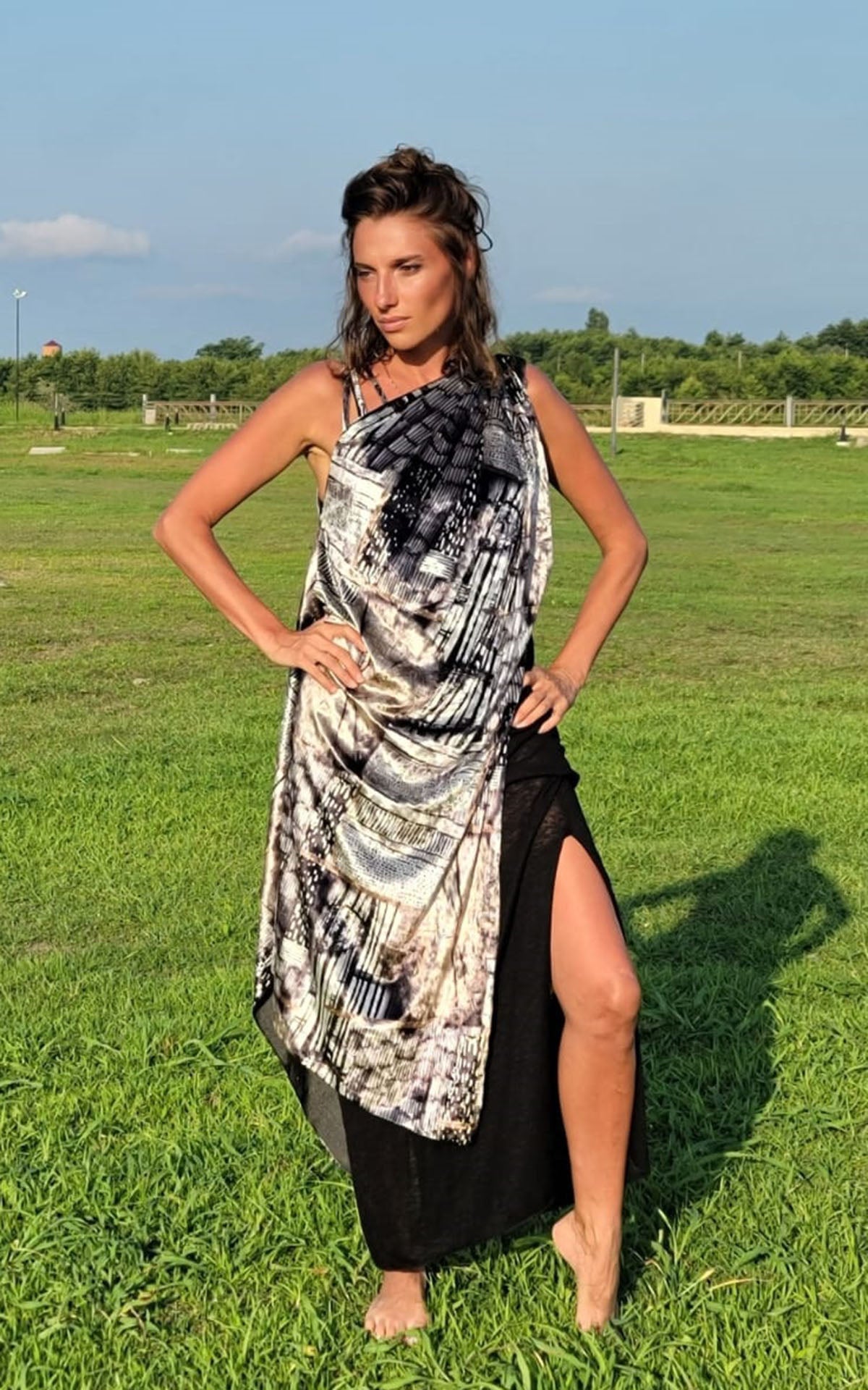 Moab Dress on Model in field | Tombstone Desert Velvet with Scorpion Crepe | Handmade in Seattle WA USA | Leigh Young Collection