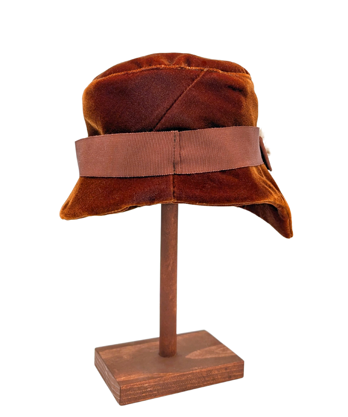Back View of Abigail Hat in Citrine Velvet with Rust Grosgrain Band | Handmade in Seattle WA| Pandemonium Millinery