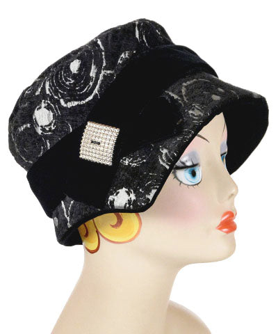Abigail Hat in Black and White Chenille Crop Circles pattern. With Black Velvet Band and Silver Square Button. Handmade in Seattle WA| Pandemonium Millinery