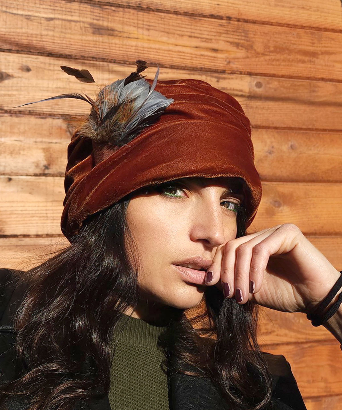 Model wearing Ana Hat in Velvet in Citrine with Pheasant Feather Brooch | Handmade by Pandemonium Seattle