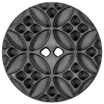 Black Embossed Polyamide Button Detail from Pandemonium Millinery