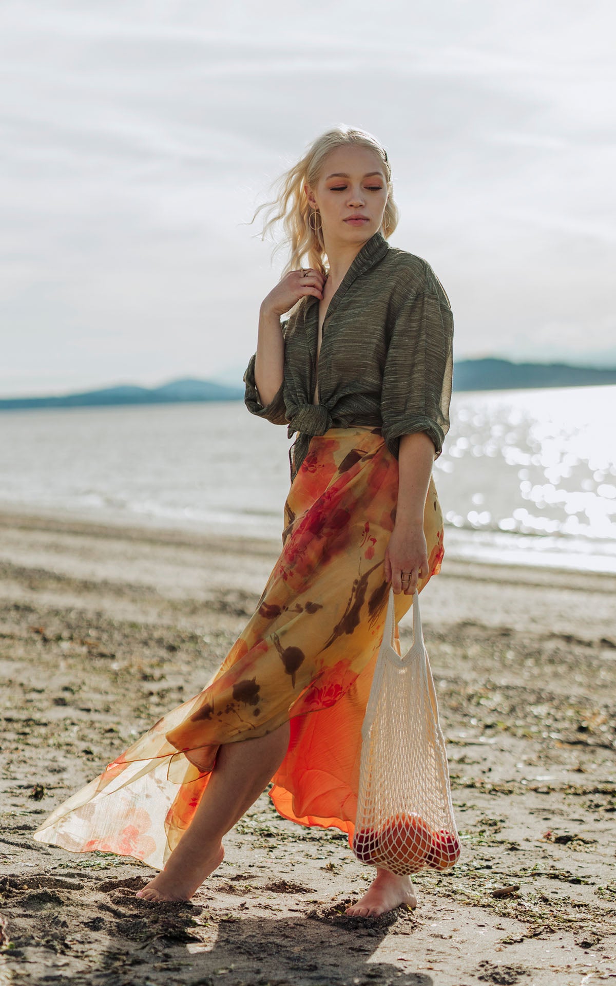 Coastal Garden Wrap in Sun Star Model Shot at Beach | Handmade in Seattle WA | Pandemonium Millinery