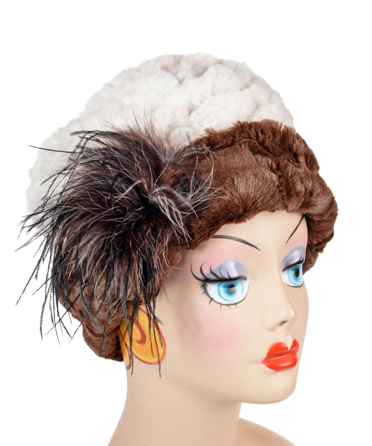 Cuffed Pillbox Hat, Reversible Two Tone Plush Faux Fur in Falkor Lined with Cuddly Fur in Chocolate with Black, Gray and Mauve Ostrich Feather Brooch by Pandemonium Millinery. Handmade in Seattle WA USA.