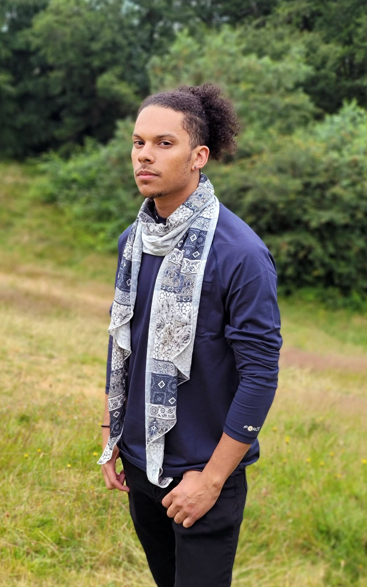 Man modeling handkerchief scarf in English Tea blend in Blues and Creams | Handmade in Seattle WA | Pandemonium Millinery