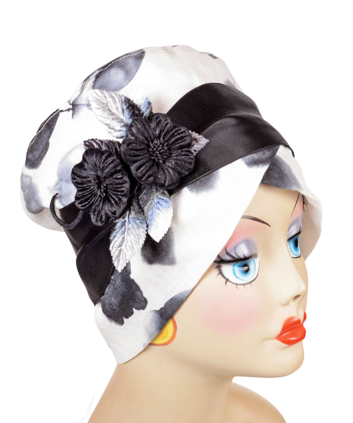 Lola Cloche Hat | Linen in Black White Floral with Velvet Brooch | Pandemonium Millinery Handmade USA