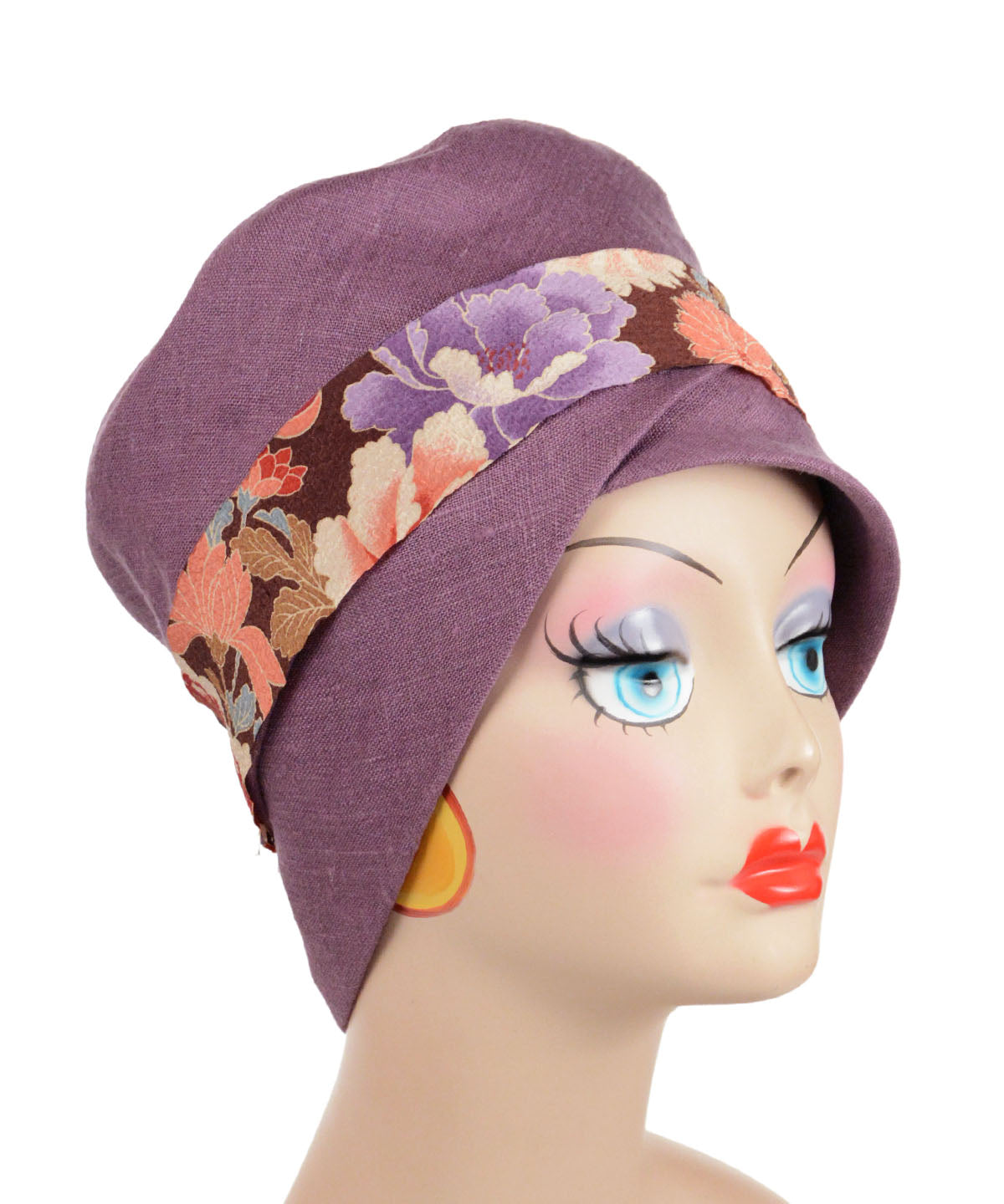 Lola Cloche Hat Cuffed | Linen in Plum with Kimono Silk Band | Pandemonium Millinery Handmade USA
