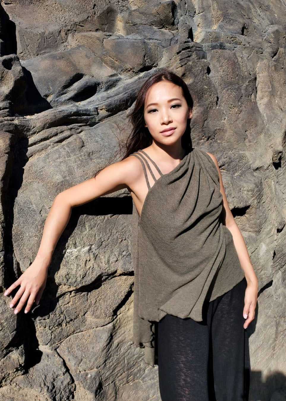 Moab Top on Model against rock wall | Mezcal Desert Crepe | Handmade in Seattle WA USA | Leigh Young Collection