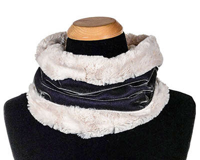 Product shot of women’s Neck Cowl | Velvet in Gray Smoky Quartz with Cuddly Black Faux  Fur | Scarves Pandemonium Millinery | Handmade in Seattle WA| Handmade in Seattle WA | Pandemonium Millinery