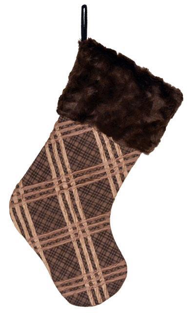 Holiday Stocking - Chocolate Cuddly Faux Fur Cuff with Copper Plaid Upholstery Handmade in Seattle, WA by Pandemonium Millinery