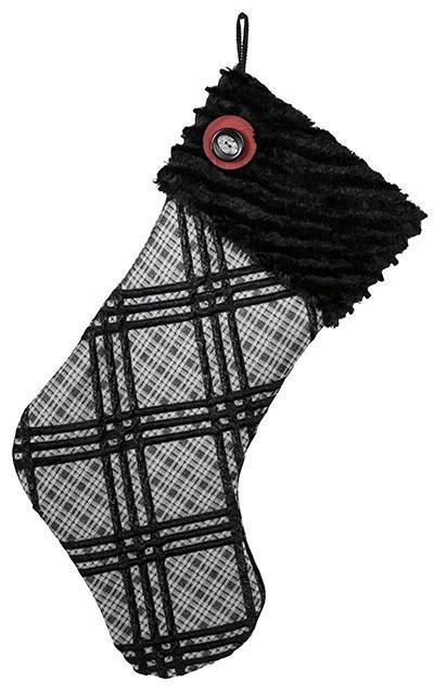 Holiday Stocking - Black Cuddly Faux Fur Cuff with Silver Plaid Upholstery with a Double Button Accent Handmade in Seattle, WA by Pandemonium Millinery
