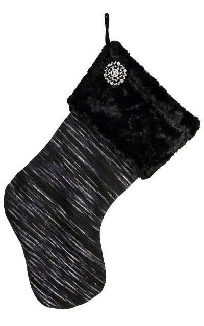 Christmas Stocking in Sweet Stripes in Blackberry Cobbler with Cuddly Faux Fur in Black Cuff featuring a Rhinestone Brooch | By Pandemonium Seattle | Seattle WA USA