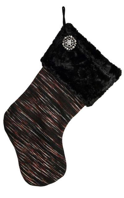 Christmas Stocking in Sweet Stripes in Cherry Cordial with Cuddly Faux Fur in Black Cuff featuring a Rhinestone Brooch | By Pandemonium Millinery | Seattle WA USA