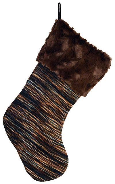 Christmas Stocking in Sweet Stripes in English Toffee with Cuddly Faux Fur in Chocolate Cuff | By Pandemonium Millinery | Seattle WA US