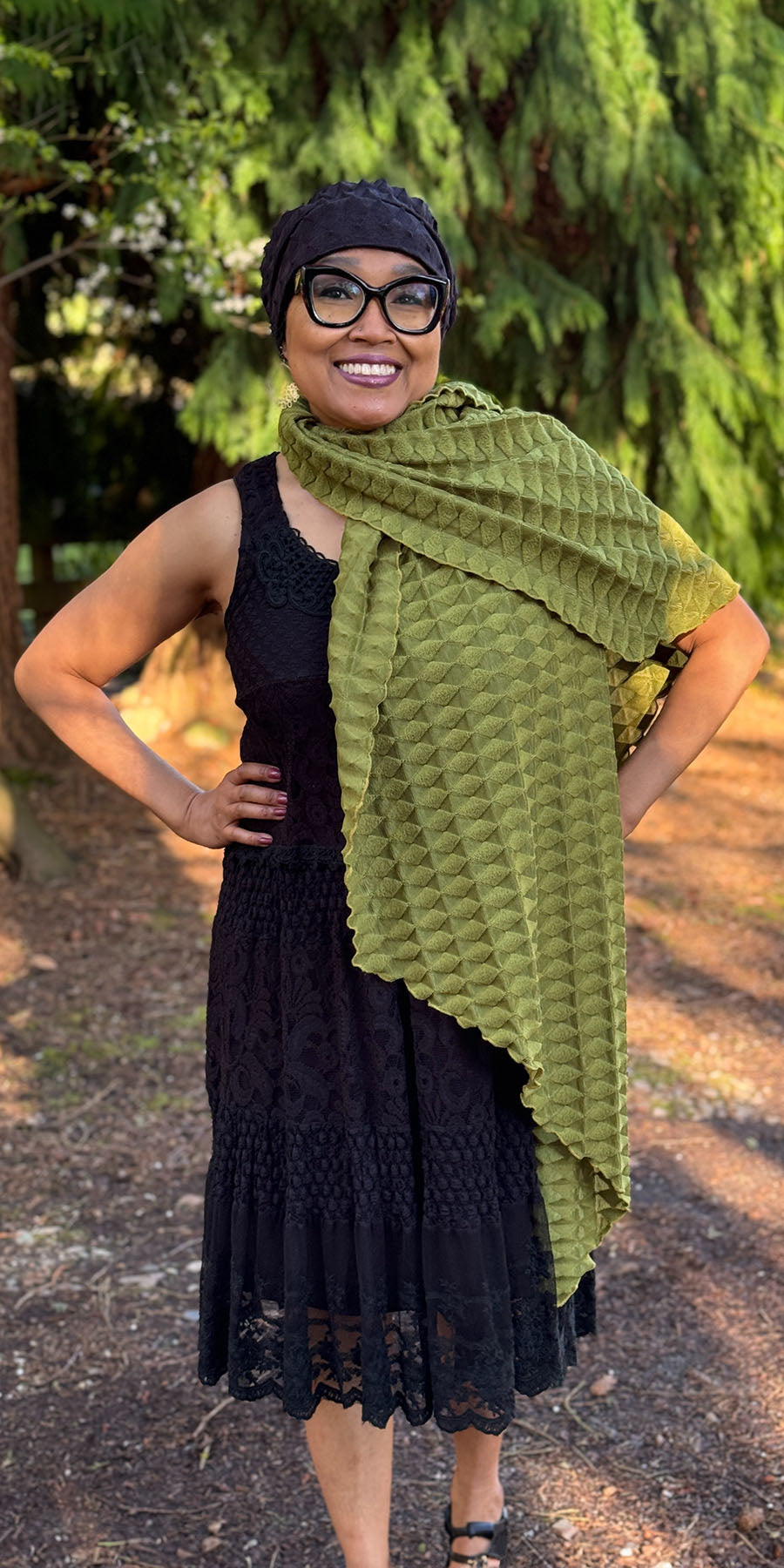 woman wearing handkerchief scarf in avocado fractal with complementing hat handmade by Leigh Young Collection