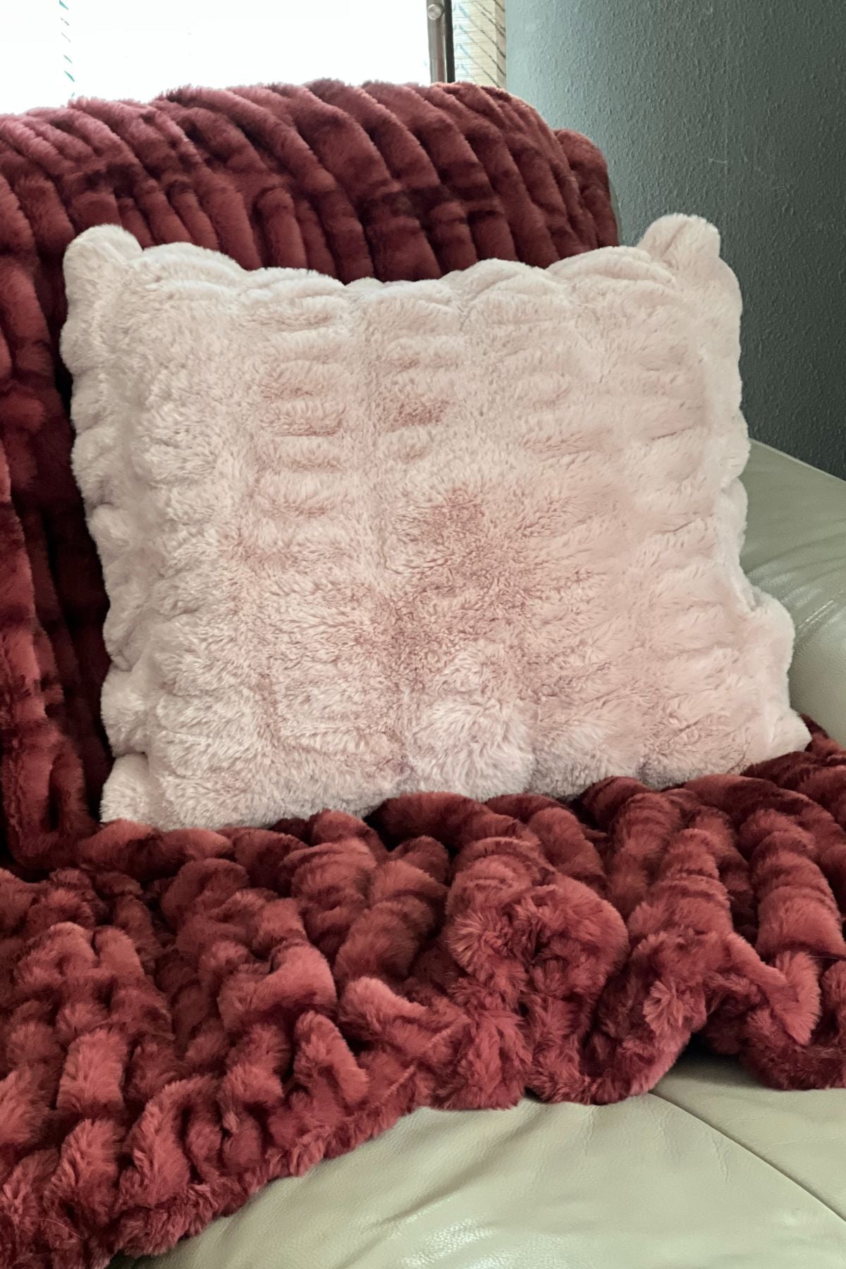 Pillow Sham - Royal Opulence in Rosé on a Maple Glow  Faux Fur Throw. Made in Seattle Washington