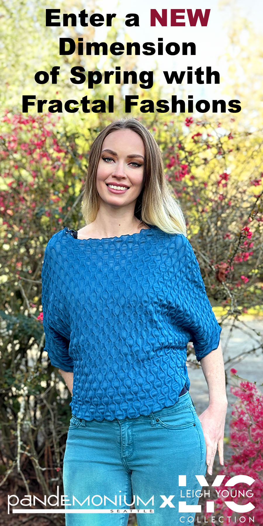 mobile banner for spring fashion showing a woman in a blue textured bat wing top