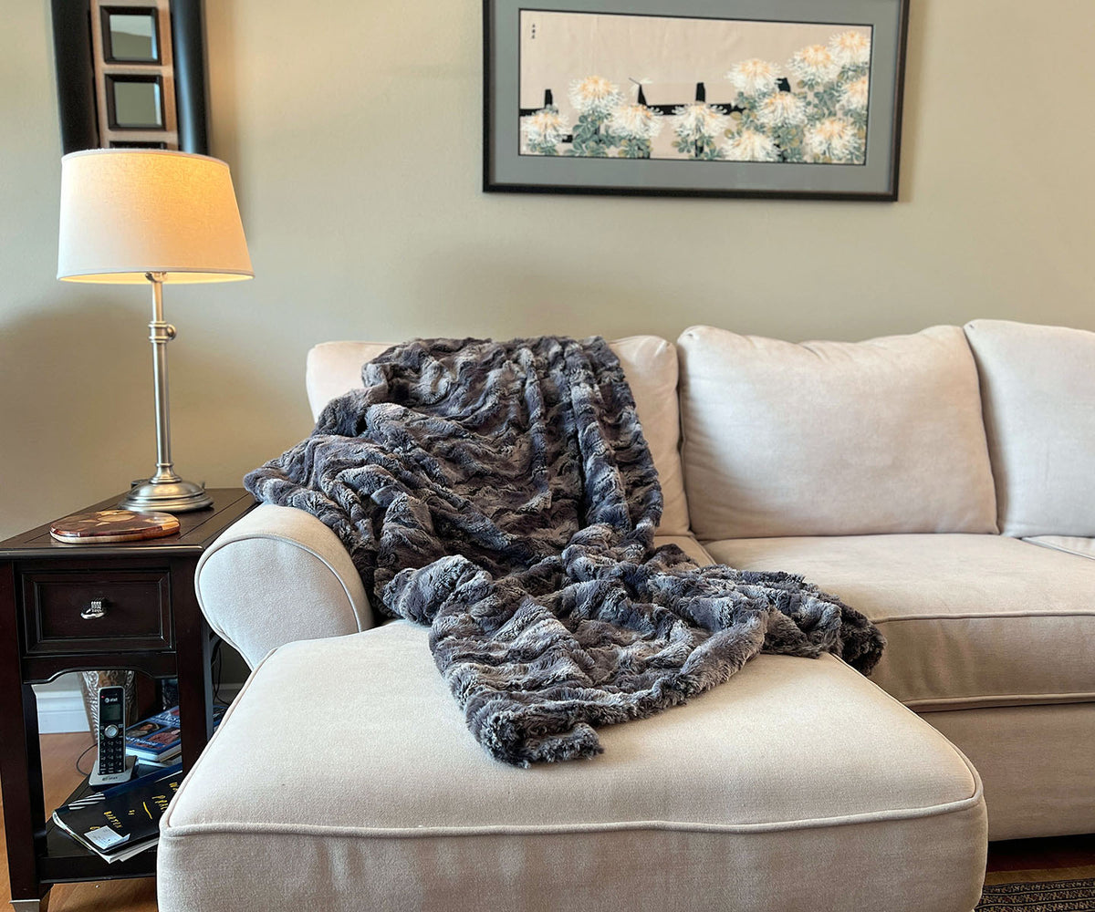 Blanket  on Cream Couch in Muddy Waters; Black Brown and Gray | Luxury Faux Fur Throws | Handmade by Pandemonium Millinery