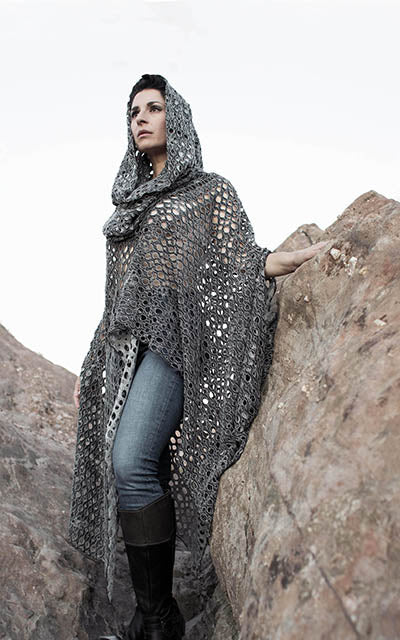 Model is wearing the Badlands Cloak with hood up in Lunar Landing. By Leigh Young Collection handmade in Seattle WA