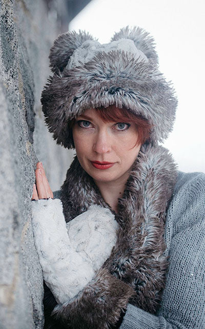 Fingerless Gloves with Cuff Model Shot | Winters Frost Luxury Faux Fur with Arctic Fox Cuff | Handmade by Pandemonium Millinery Seattle WA USA