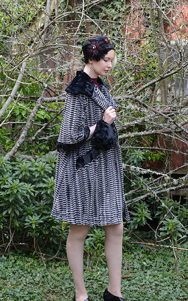 Crawford Coat 8mm in Black and White with Cuddly Black Lining Model Shot by Pandemonium Millinery