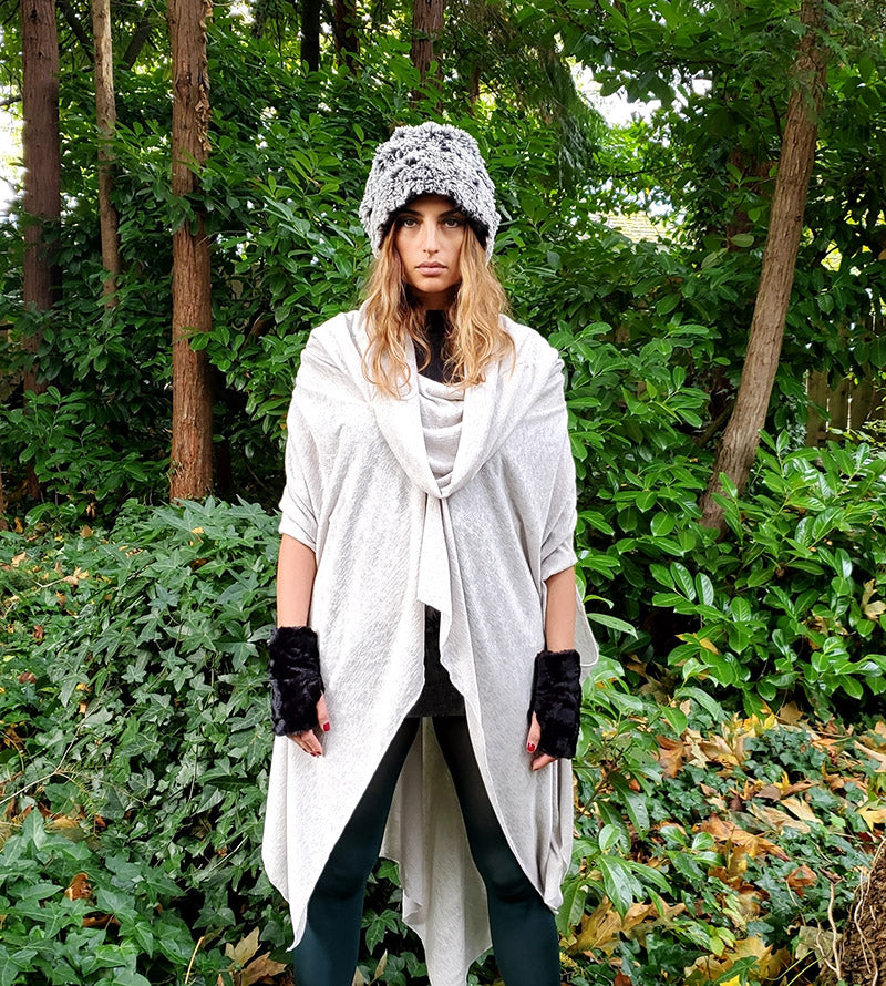 Model is wearing the Badlands Cloak in Scorpion with hood down. By Leigh Young Collection handmade in Seattle WA