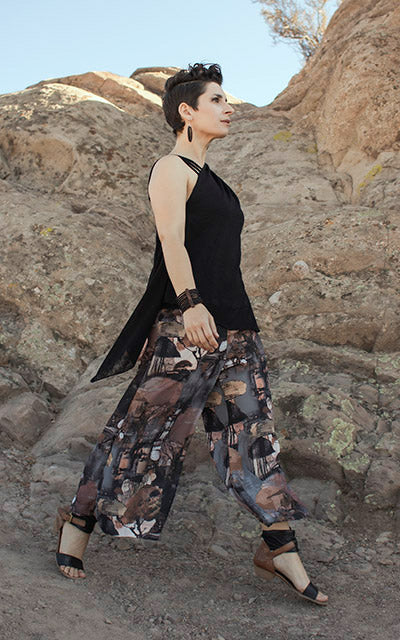 Model is wearing SW gaucho pants in Petrified Forest and Moab Top by Leigh Young Collection handmade in Seattle WA USA