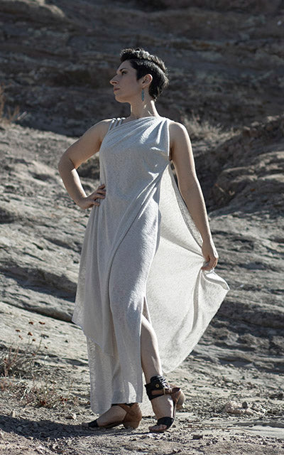 Close up of model in Moab Dress in Sandstone handmade in Seattle ,WA by Leigh Young Collection