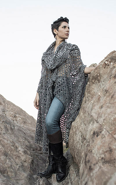 Model is wearing the Badlands Cloak in Lunar Landing by Leigh Young Collection handmade in Seattle WA