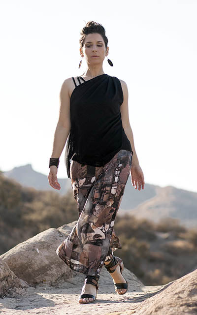 Woman modeling Moab Top in Desert Crepe Scorpion with SW Gauchos. Leigh Young Collection