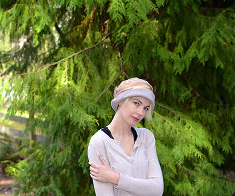 Ana Hat in Rose Quartz Linen with Bayberry Coastal Garden Side Wide View Handmade by Pandemonium Seattle