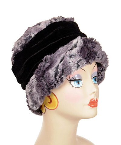 Side view of Ana Cloche Style Hat in Luxury Faux Fur in Mocha | Pandemonium Seattle | Handmade in Seattle WA USA