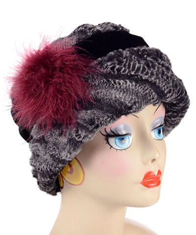 Ana Cloche Style Hat in Rattle N Shake Faux Fur with Burgundy Marabou Feather Brooch Handmade by Pandemonium Seattle