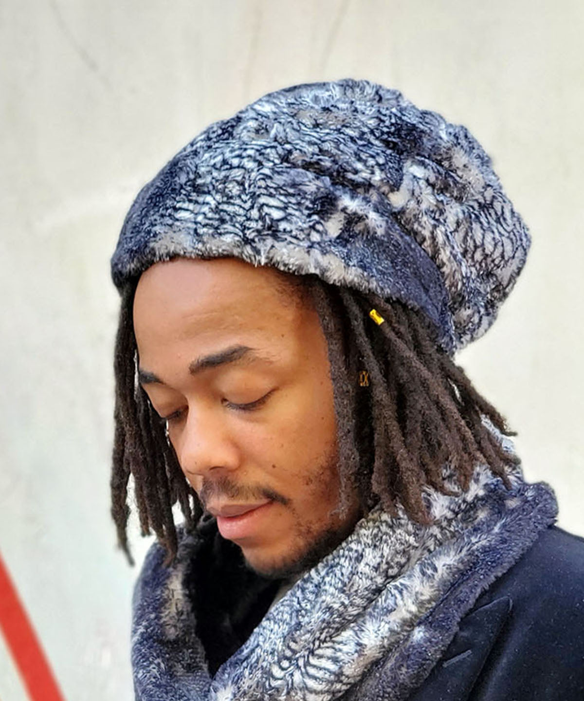 Man modeling a Men&#39;s Beanie Hat and matching Neck warmer| Black Mamba Faux Fur | Handmade in the USA by Pandemonium Seattle