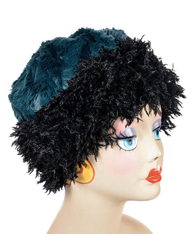 Beanie Hat Reversible Black Swan Faux Feather With Peacock Pond  - Shown in Reverse by Pandemonium Millinery