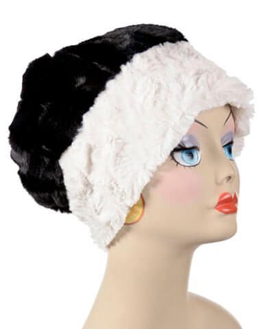 Beanie Hat Reversible Cuddly Faux in Ivory Lined in Cuddly Black  - Shown in Reverse by Pandemonium Millinery
