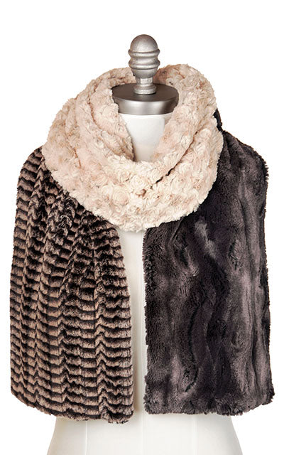 Women’s Product shot of the Color Block Scarf on mannequin shown open | Rosebud in Brown , 8mm in Sepia and Espresso Bean Faux Fur | Handmade in Seattle WA Pandemonium Millinery