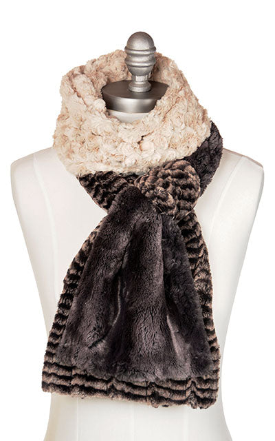 Women’s Product shot of the Color Block Scarf on mannequin | Rosebud in Brown , 8mm in Sepia and Espresso Bean Faux Fur | Handmade in Seattle WA Pandemonium Millinery