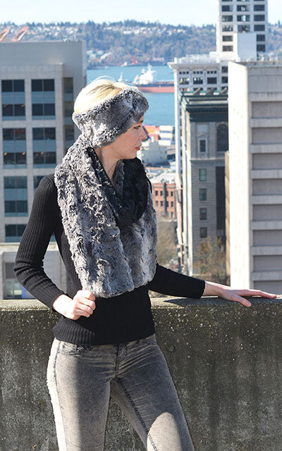 Women in front of the Seattle skyline wearing the Color Block Scarf Seattle Sky Charcoal Gray and Cuddly Black Faux Fur | Handmade in Seattle WA Pandemonium Millinery