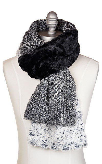 Women’s Product shot of the Color Block Scarf on mannequin shown tied | Cozy Cable, Rosebud Black and Cuddly Black combo of Black and Ivory Faux Fur | Handmade in Seattle WA Pandemonium Millinery