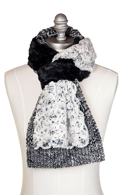 Product shot of the Color Block Scarf on mannequin shown tied | Cozy Cable, Rosebud Black and Cuddly Black combo of Black and Ivory Faux Fur | Handmade in Seattle WA Pandemonium Millinery