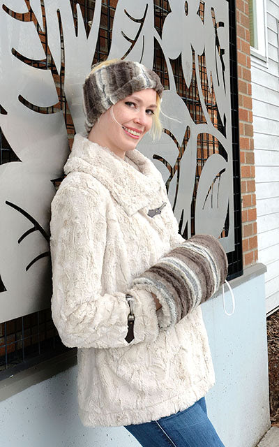 Model Wearing Dietrich Coat - Cuddly Faux Fur in Sand- by Pandemonium Millinery