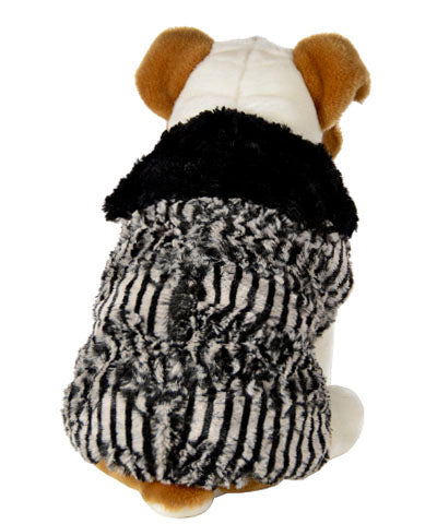 Back view of Stuffed Dog wearing Designer Handmade reversible Dog Coat Side View | Tipsy Zebra black and white Faux Fur reversing to Black | Handmade by Pandemonium Millinery Seattle, WA USA