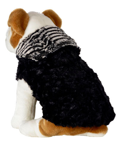 Back view of Stuffed Dog wearing Designer Handmade reversible Dog Coat Side View | Tipsy Zebra black and white Faux Fur reversing to Black | Handmade by Pandemonium Millinery Seattle, WA USA