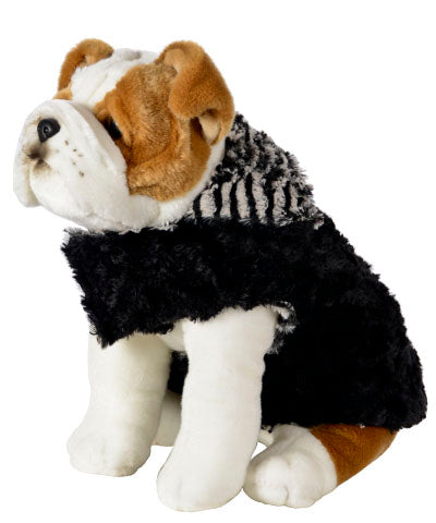 Stuffed Dog wearing Designer Handmade reversible Dog Coat Side View | Tipsy Zebra black and white Faux Fur reversing to Black shown in reverse | Handmade by Pandemonium Millinery Seattle, WA USA