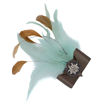 pandemonium feather trim made in the USA Aqua and toasted sand and floral button
