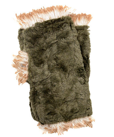 fingerless texting gloves in Army Green Faux Fur with Cuddly Black Faux Fur - shown in reverse