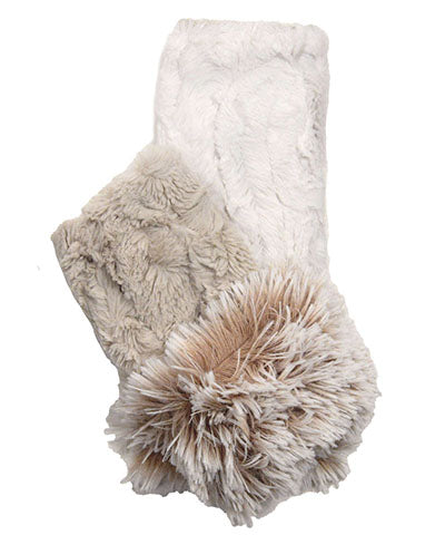 Fingerless Gloves with Cuff | Sand Cuddly Faux Fur with Foxy Beach Cuff reversed to Ivory | Handmade by Pandemonium Millinery Seattle WA USA